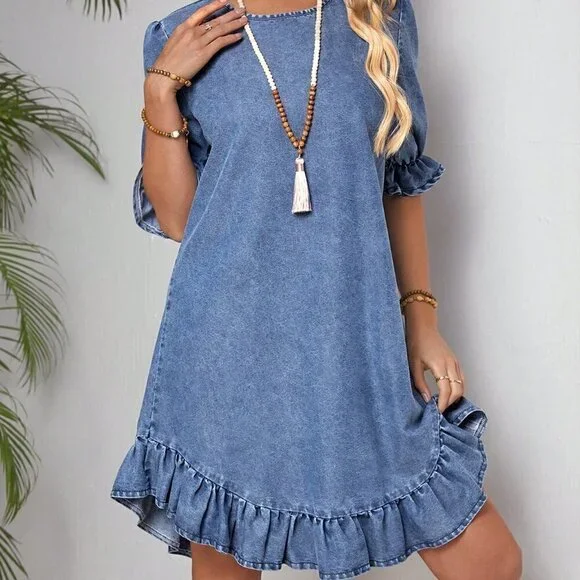 Blue Casual Women's Round Neck Short Puff Sleeve Denim Dress With Ruffled Hem - Picture 3 of 5